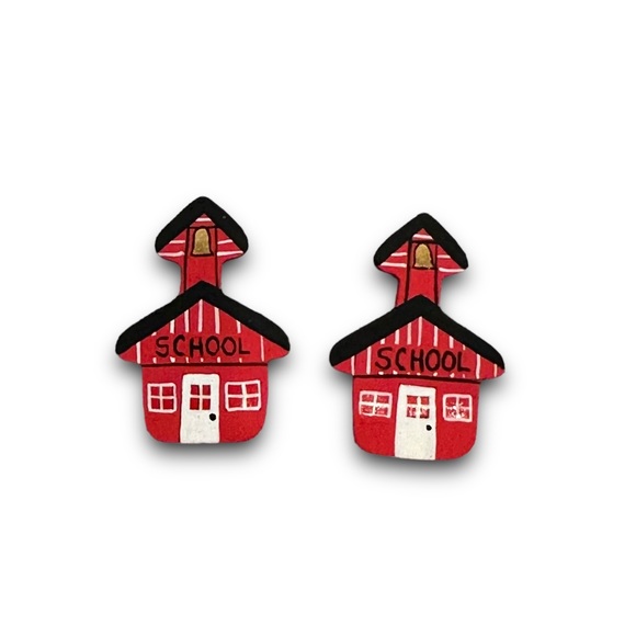 Vintage 90s Y2K Handmade Teacher Jewelry Set Schoolhouse Bus Necklace Earrings - Picture 6 of 13